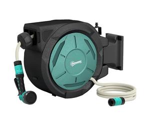 Carrete retráctil para manguera Outsunny con montaje en pared, carrete para manguera de jardín de 20 + 2 m con bloqueo, rebobinado automático, boquilla pulverizadora 7 en 1, incluye fijaciones para