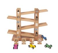 Carretera de madera de madera | Pista de madera multicapa para niños pequeños con 4 coches y señales, construcción de coches de madera maciza, juguete de habilidades motoras para niños