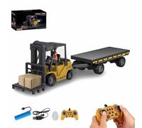 Carretilla Elevadora Rc Con Luz, Excavadora a Control Remoto Con Remolque, Juego De Construcción Recargable Con Camión De Plataforma Y Grúa, Con Sonido Y Luces De Pulverización(With Flatbed Trailer,Ba