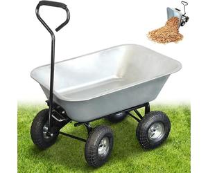 Carretilla Manual de Jardín 75L - Carrito de Jardin con cubeta basculante 4 Ruedas hinchables Ø 260 mm - Capacidad de Carga máx. 250 KG - Mango Largo - 86 x 60,5 CM - Metal galvanizado