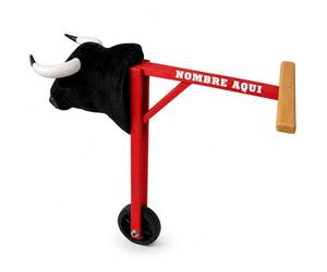 Carretón de madera mediano para niños 75 cm, toro con ruedas personalizable con nombre, cabeza de fibra y cuernos de plástico, juguete taurino infantil para encierros y bous al carrer desde 5 años