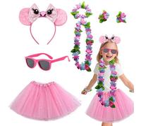 Carreuty 7 piezas de falda de tul de ratón para niños, disfraz para niña, disfraz con tutú rosa, lentejuelas, arco, diadema, gafas de sol, Leis Hawaii, accesorios para Pascua, carnaval, cosplay