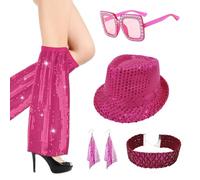 Carreuty Abba - 5 accesorios de discoteca de los años 70 para mujer, con lentejuelas, sombrero, calentadores de piernas, aretes, collares, gafas, disfraz de discoteca rojo rosa, disfraz de los años 70