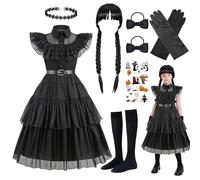 Carreuty Conjunto de 8 piezas de disfraz de princesa negra para niñas, trajes de vestir familiares negros para niños con pelucas, guantes, calcetines, bandas para el pelo, tatuajes, disfraz escolar
