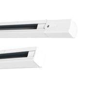 Carril LED 4 vías, 1,5 metros, color blanco, con conector de corriente y tapa final, ideal para iluminación en tiendas y espacios comerciales.