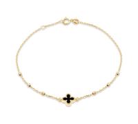Carrisima pulsera para mujer en oro amarillo de 9 quilates con trébol de ónix negro de 8.5 mm y bola DC 18 cm 7" - 19 cm 7.5"