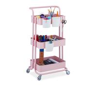 Relaxdays Carrito Auxiliar, 3 Niveles, 2 Frenos, Multiusos para Cocina y Oficina, Camarera 86x38x39 cm, Metal, Rosa, Acero