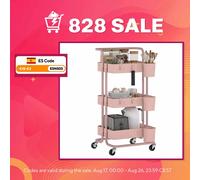 HOMCOM Carrito Auxiliar con Ruedas de 3 Niveles Carrito de Cocina con Mango 3 Cestas de Malla y 3 Cajas Colgantes Carro de Almacenamiento para Baño Salón 42x38x86,5 cm Rosa