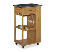 Relaxdays Carrito Cocina Alfred L, Botellero, Carro, Camarera, Isla, Mármol-Bambú, 1 Ud., 81,5 x 47,5 x 37,5 cm, Marrón