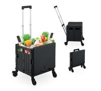 Relaxdays Carrito de Compra Plegable, Carro con Ruedas Giratorias, para 35 kg, Caja con Mango Telescópico y Tapa, Negro