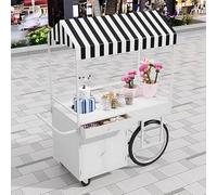 Carrito de alimentos portátil con toldo a rayas con soporte de exhibición rodante, estante de ventas con soporte para eventos al aire libre y vendedor de mercado, color blanco