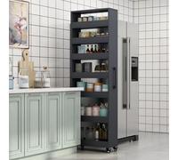 Carrito de almacenamiento delgado para cocina, armario estrecho con asa y ruedas, estante de madera para especias junto al estante de despensa del refrigerador, organizador grande gris.