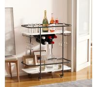 Carrito de bar de 2 niveles con ruedas, carrito portabebidas móvil, Negro | Carrito de servicio con portacopas y soporte para botellas de vino, mueble de almacenamiento moderno para hogar, cocina