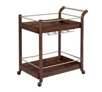 Carrito de bar de cocina de madera vintage con estante para vino, carrito de cocina de 2 niveles con ruedas, marco de madera marrón y metal, decoración rústica para el hogar