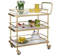 Carrito de bar dorado rodante con ruedas bloqueables de 3 niveles para cocina y sala de estar, estante de almacenamiento multiusos, madera y metal, color blanco