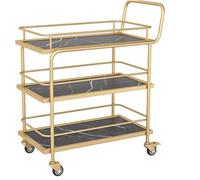 Carrito de barra de oro de lujo con ruedas bloqueables. Elegante carrito de servicio de 3 niveles para cocina y sala de estar. Estante de almacenamiento multiusos en diseño de madera blanca y metal.