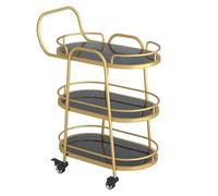 Carrito de barra rodante de 3 niveles con ruedas bloqueables, parte superior de mármol, estante para vino y riel de seguridad, carrito de servicio dorado para sala de estar, bar en casa y