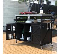 Carrito de barra rodante para isla de cocina al aire libre con mesa de parrilla de madera maciza y gabinete de almacenamiento superior de acero inoxidable, muebles de barbacoa para entretenimiento al