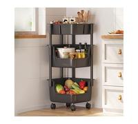 Carrito de cocina de plástico de 3 niveles, carrito Sto con cesta de frutas y verduras, almacenamiento versátil para el hogar y la cocina, diseño negro