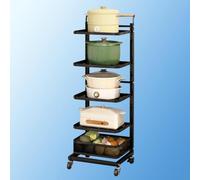 Carrito de cocina deslizante con ruedas para despensa, soporte para cesta de frutas, color negro, 5 tablas y 1 canasta, solución de almacenamiento de cocina que ahorra espacio