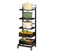 Carrito de cocina plegable con ruedas, color negro, con 5 estantes y 2 cestas, soporte para microondas, soluciones de almacenamiento que ahorran espacio para cocina y despensa