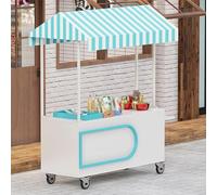Carrito de comida móvil con toldo a rayas, carrito de exhibición portátil para mercados, eventos, ventas al aire libre