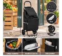 Carrito de compras de metal negro de 2 ruedas - 40L - Ligero - Bolsillos con cremallera - Compartimento nevera - Bolsa extraíble - Almacenamiento práctico