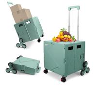 Carrito de Compras Plegable, Caja con Ruedas para Subir escaleras, Carrito Plegable con asa Ajustable, Caja de Almacenamiento de comestibles con Asiento, 80kg/55L para Profesores - Verde Oscuro