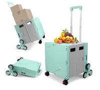 Carrito de Compras Plegable, Caja con Ruedas para Subir escaleras, Carrito Plegable con asa Ajustable, Caja de Almacenamiento de comestibles con Asiento, 80 kg/55 l para Profesores - Verde Gris