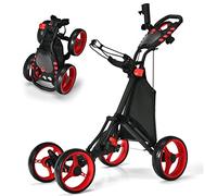 Carrito de golf de 4 ruedas, ligero y plegable, mango de altura ajustable, incluye soporte para paraguas, portavasos y freno de pie, perfecto para jugar al golf fácilmente