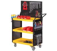Carrito de herramientas de acero resistente, carrito de trabajo rodante de 3 niveles con ganchos para tablero perforado y gran almacenamiento
