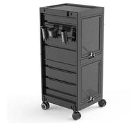 Carrito de herramientas de salón con almacenamiento con cerradura, 4 ruedas con ruedas giratorias, estante organizador integrado, uso en interiores, plástico negro