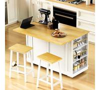 Carrito de isla de cocina grande de 48 pulgadas con 2 taburetes de bar, toma de corriente, hoja caída, 5 estantes abiertos, estante de almacenamiento interno, almacenamiento de cocina rodante sobre