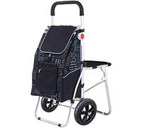 Carrito de la compra plegable con asiento, carrito de 2 ruedas, asa ajustable, bolsa desmontable, rueda inflable, camión de mano, ligero, aleación de aluminio, color negro