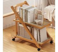 Carrito de libros, mesa auxiliar de madera con diseño de bloques de color sólido de bambú con ruedas universales, mesa auxiliar móvil de varios niveles para sala de estar (color original, ratán de