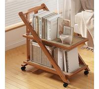Carrito de libros, mesa auxiliar de madera con diseño de bloques de color sólido de bambú con ruedas universales, mesa auxiliar móvil de varios niveles para sala de estar (verde azulado, ratán de