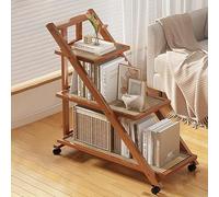 Carrito de libros, mesa auxiliar de madera con diseño de bloques de color sólido de bambú con ruedas universales, mesa auxiliar móvil de varios niveles para sala de estar (verde azulado, ratán de