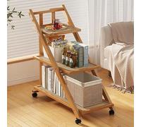 Carrito de libros, mesa auxiliar de madera con diseño de bloques de color sólido de bambú con ruedas universales, mesa auxiliar móvil de varios niveles para sala de estar (color original, ratán de