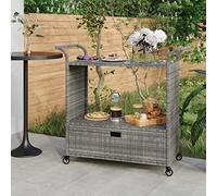 Carrito de mimbre gris de 100 x 45 x 97 cm con cajón y 4 ruedas, carrito de jardín al aire libre para almacenamiento de bebidas, alimentos y frutas, elegante carrito de servir rodante para