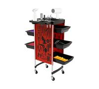 Carrito de peluquería de 6 pisos con 5 cajones extraíbles y 4 ruedas universales, superficie de trabajo plegable para estilistas en salón y spa, 36 x 90 cm (rojo, negro)