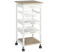 Carrito de servicio de cocina con ruedas con cesta + 2 bandejas extraíbles, cajón, estante MDF roble claro, madera de pino blanco