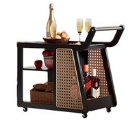 Carrito de té de madera negra con ruedas de ratán de 3 niveles con separadores ajustables y ruedas, almacenamiento versátil para cocina, dormitorio, oficina, elegante carrito de café