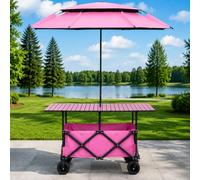 Carrito de Venta Exterior con Sombrilla y Ruedas Giratorias, Puesto Portátil para Mercado con Mesa Plegable, Carro Multiusos para Café, Flores, Playa, Camping y Eventos Pink