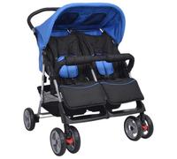 Carrito doble de acero, azul y negro, plegable con capota | Marco de acero con 3 posiciones reclinables, ruedas con bloqueo, plegable, para 1-2 a 15 kg