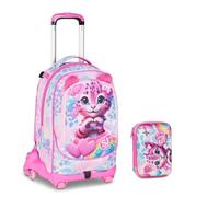 Carrito escolar de 8 ruedas con mochila desmontable Hearth Buddy Girl Gatito, 3 en 1 para escuela primaria niña + estuche Speed Pad 3D
