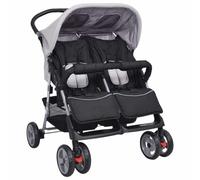 Carrito gemelar de acero gris y negro | 3 posiciones reclinables, capota plegable, cesta de almacenamiento, ruedas bloqueables, hasta 15 kg por niño