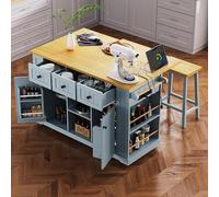 Carrito grande de isla de cocina de 53 pulgadas con 2 taburetes de bar, toma de corriente, hoja de caída, 5 ruedas, 3 cajones y estantes abiertos para cocina y comedor, gris y azul