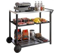 Carrito para barbacoa de exterior Outsunny con superficie de acero inoxidable para la preparación de alimentos, soporte para horno de pizza de dos niveles, mesa de preparación de alimentos con