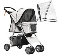 Carrito para perros PawHut, carrito para perros con cubierta para la lluvia, carrito plegable para perros de hasta 20 kg, carrito para perros pequeños con portavasos, ventana de malla, carrito para
