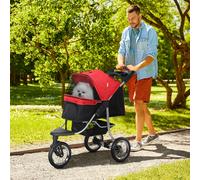 Carrito para perros PawHut, cochecito para mascotas con 3 ruedas, plegable, rojo.